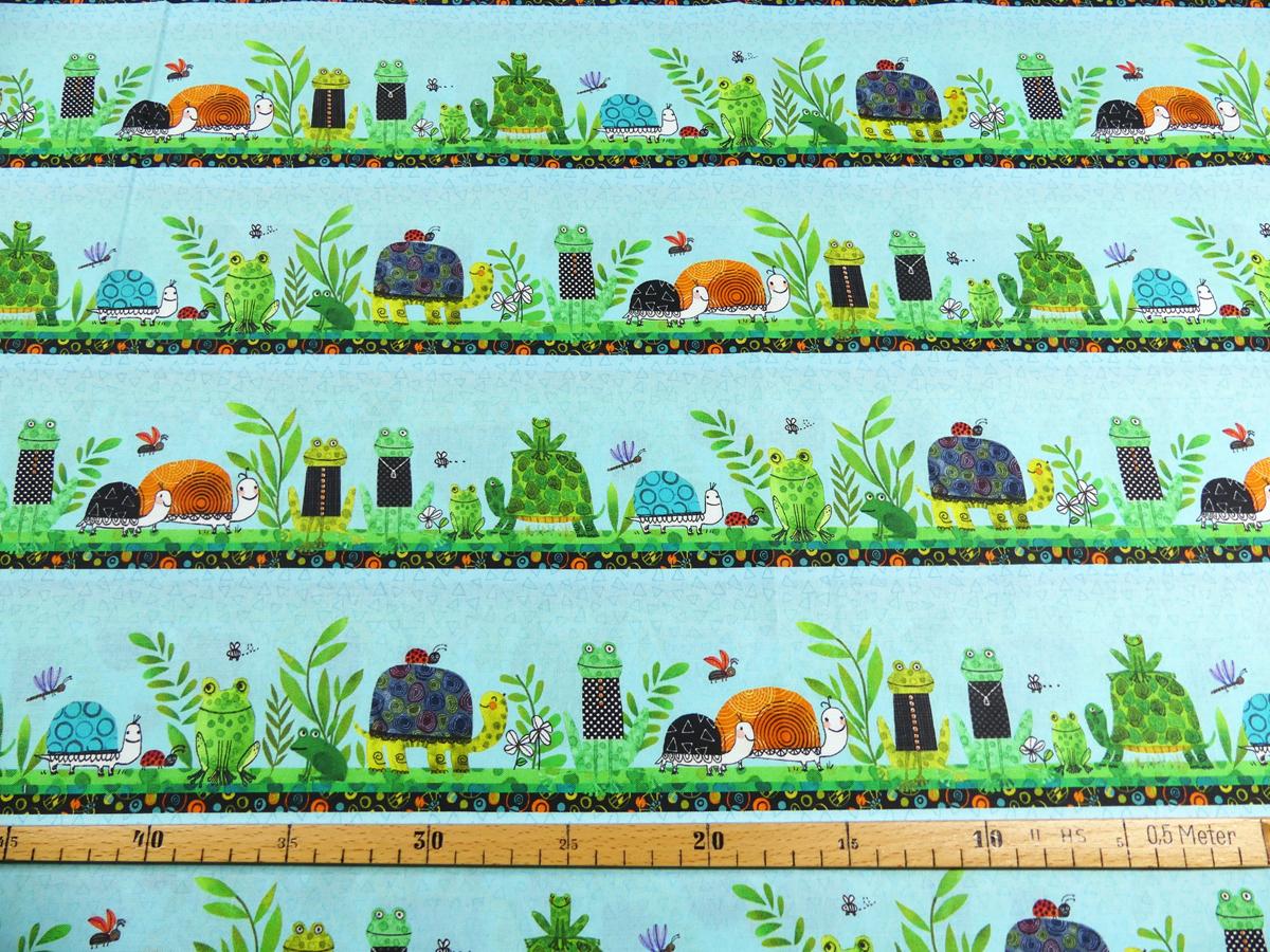 Patchworkstoff von Benartex aus der Serie Frogtastic mit Schildkröten Frosch Bordüre türkis